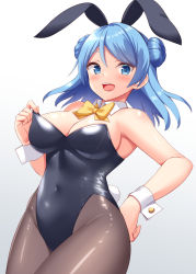 Rule 34 | 1girl, adjusting clothes, adjusting leotard, animal ears, black leotard, blue eyes, blue hair, blush, bow, bowtie, covered navel, detached collar, double bun, doughnut hair bun, fake animal ears, fake tail, gradient background, grey background, hair bun, hat, kantai collection, leotard, looking at viewer, open mouth, pantyhose, playboy bunny, rabbit ears, rabbit tail, sailor hat, smile, solo, strapless, strapless leotard, tail, thighs, tokyo yamane, urakaze (kancolle), wing collar, wrist cuffs