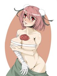 Rule 34 | 1girl, amputee, bad id, bad pixiv id, bandages, blush, breast hold, breasts, budget sarashi, bun cover, collarbone, covering privates, covering breasts, double bun, embarrassed, female focus, flower, gomibuta kuzutarou, groin, hair bun, highres, hip focus, ibaraki kasen, large breasts, navel, no panties, open mouth, pink hair, red eyes, rose, sarashi, short hair, simple background, solo, touhou, undressing