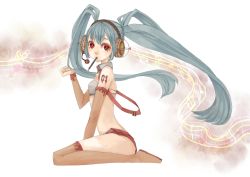 Rule 34 | 1girl, aqua hair, boots, candy, collar, detached collar, detached sleeves, food, hatsune miku, headphones, headset, lollipop, long hair, mouth hold, pocky, red eyes, sitting, solo, sweets, thigh boots, thighhighs, twintails, very long hair, vocaloid, youcapriccio, yuu (higashi no penguin)