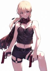 Rule 34 | 1girl, absurdres, ahoge, artoria pendragon (all), artoria pendragon (fate), bare arms, bare shoulders, belt, beretta 92, black belt, black shirt, blonde hair, breasts, checkered clothes, checkered scarf, collarbone, commentary request, dress, dual wielding, fate/grand order, fate (series), green eyes, gun, handgun, highres, holding, holding gun, holding weapon, long hair, looking at viewer, medium breasts, midriff, nakanishi tatsuya, navel, pistol, red scarf, ribbon, saber alter, scarf, shirt, short shorts, shorts, smile, solo, trigger discipline, weapon, yellow eyes