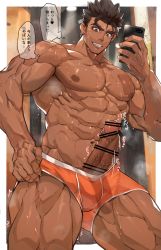 Rule 34 | 1boy, abs, bar censor, bara, censored, clothing aside, covered testicles, dark-skinned male, dark skin, erection, feet out of frame, gluteal fold, highres, holding, holding phone, large pectorals, long sideburns, male focus, male underwear, male underwear aside, male underwear pull, motion lines, muscular, muscular male, navel, navel hair, nikism, nipples, orange male underwear, original, pectorals, penis, phone, precum, pulling own clothes, short hair, sideburns, solo, spiked hair, stomach, sweat, thick eyebrows, thick thighs, thighs, topless male, translation request, underwear, underwear only, veins, veiny penis