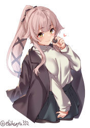 Rule 34 | 1girl, blush, breasts, candy, chocolate, chocolate heart, ebifurya, food, green skirt, hair between eyes, hair flaps, hair ribbon, heart, highres, holding, holding chocolate, holding food, jacket, jacket on shoulders, kantai collection, lips, long hair, long skirt, long sleeves, looking at viewer, one-hour drawing challenge, pink hair, ponytail, ribbon, simple background, skirt, small breasts, smile, solo, sweater, turtleneck, turtleneck sweater, twitter username, valentine, very long hair, white background, white sweater, yellow eyes, yura (kancolle)