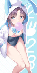 Rule 34 | 1girl, 2023, absurdres, animal ears, aqua bow, aqua bowtie, asakura toru, bare legs, bow, bowtie, breasts, chewing gum, cleavage, commentary request, detached collar, fake animal ears, feet out of frame, hands in pockets, highres, hood, hood up, hooded jacket, idolmaster, idolmaster shiny colors, jacket, leotard, looking at viewer, medium breasts, okano yuuto, playboy bunny, rabbit ears, solo, thighs, white jacket