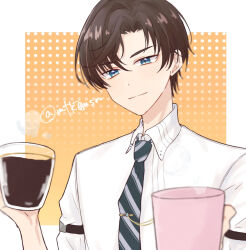 Rule 34 | 1boy, artem wing (tears of themis), blue eyes, brown hair, closed mouth, collared shirt, cup, diagonal-striped clothes, diagonal-striped necktie, hair between eyes, highres, holding, holding cup, looking at viewer, male focus, mtkignsn, mug, necktie, orange background, parted bangs, polka dot, polka dot background, shirt, smile, solo, striped clothes, tears of themis, two-tone background, upper body, white background, white shirt