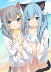 Rule 34 | 2girls, amashiro natsuki, animal ears, bare shoulders, bikini, bikini under clothes, blue eyes, blue hair, blue sky, cat ears, cat girl, cat tail, cloud, collarbone, commentary, day, eyebrows hidden by hair, food, grey hair, hair between eyes, highres, holding, holding food, horns, jacket, locked arms, long hair, long sleeves, multiple girls, nachoneko, navel, nekoha shizuku, ocean, off shoulder, open clothes, open jacket, original, outdoors, sky, sleeves past fingers, sleeves past wrists, swimsuit, tail, twintails, water, white bikini, white jacket