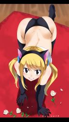 Rule 34 | 1girl, all fours, animal ears, ass, bikini, black gloves, black panties, black thighhighs, blonde hair, blush, brown eyes, cat girl, crawling, curvy, dimples of venus, fairy tail, fake animal ears, female focus, flower, gaston18, gloves, grin, hair ornament, hair scrunchie, highres, huge ass, lingerie, lips, long hair, looking at viewer, lucy heartfilia, naughty face, no shoes, panties, scrunchie, shiny skin, smile, solo, swimsuit, thighhighs, twintails, underwear, wide hips