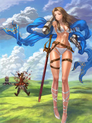 Rule 34 | &gt; &lt;, 10s, 1boy, 3girls, angry, ankle lace-up, arm behind head, armor, armored boots, ass, belt, belt skirt, bikini, bikini armor, black bow, blonde hair, blood, blue sky, boots, bow, breasts, brown footwear, brown hair, cleavage, closed eyes, cloud, collarbone, cross-laced footwear, day, erune, falling, farrah (granblue fantasy), gauntlets, girl on top, granblue fantasy, grass, groin, hair bow, high heels, katalina (granblue fantasy), long hair, lowain (granblue fantasy), lying, medium breasts, midriff, multiple girls, navel, orange eyes, outdoors, parted lips, ponytail, punching, red eyes, rooain, sheath, sheathed, shoes, siblings, sisters, sitting, skindentation, sky, swimsuit, sword, thigh strap, thighhighs, vira (granblue fantasy), wariza, weapon, white bikini, wolfedge