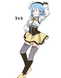 Rule 34 | 1girl, beret, black gloves, black hat, blue eyes, blue hair, blush, boots, breasts, brown footwear, closed mouth, contrapposto, corset, cosplay, detached sleeves, dot nose, drill hair, fingerless gloves, fortissimo, frl1015, full body, gloves, grey thighhighs, hair ornament, hairclip, hairpin, hand on own hip, hand up, happy, hat, high collar, highres, impossible clothes, knee boots, looking at viewer, mahou shoujo madoka magica, mahou shoujo madoka magica (anime), medium breasts, miki sayaka, musical note, musical note hair ornament, neck ribbon, pom pom (clothes), puffy sleeves, ribbon, simple background, skirt, smile, solo, standing, standing on one leg, striped clothes, striped thighhighs, thighhighs, thighs, tomoe mami, tomoe mami (cosplay), twin drills, underboob, vertical-striped clothes, vertical-striped thighhighs, white background, yellow ribbon, yellow skirt, zettai ryouiki