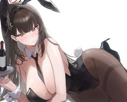 1girl absurdres alternate_costume animal_ears between_breasts black_hair black_leotard black_necktie black_pantyhose blue_archive blush breasts cleavage commentary_request detached_collar fake_animal_ears fake_tail highres large_breasts leotard long_hair looking_at_viewer lying necktie necktie_between_breasts on_side pantyhose playboy_bunny rabbit_ears rabbit_tail red_eyes rimmon rio_(blue_archive) simple_background solo tail very_long_hair white_background white_wrist_cuffs wrist_cuffs