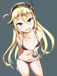 Rule 34 | 1girl, albacore (azur lane), azur lane, bikini, blue eyes, breasts, collarbone, commentary request, fang, headphones, heart, heart-shaped pupils, highres, long hair, looking at viewer, loose bikini, minase (takaoka nanase), navel, open mouth, simple background, small breasts, solo, swimsuit, symbol-shaped pupils