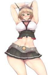 Rule 34 | 10s, 1girl, :d, armpits, arms behind head, arms up, bare arms, bare legs, bifidus, blush, breasts, collar, crop top, female focus, gloves, green eyes, hairband, kantai collection, large breasts, looking at viewer, midriff, miniskirt, mutsu (kancolle), navel, open mouth, short hair, skirt, smile, solo, tongue, tongue out