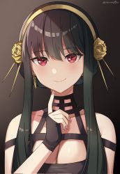 Rule 34 | 1girl, backlighting, bare shoulders, black gloves, breasts, cleavage, closed mouth, commentary, dark background, earrings, english commentary, fingerless gloves, flower, gloves, gold earrings, gold hairband, hair flower, hair ornament, hairband, hand up, highres, index finger raised, jewelry, long hair, looking at viewer, medium breasts, rakku (rkrmz0n), red eyes, rose, sidelocks, smile, solo, spikes, spy x family, twitter username, upper body, yor briar