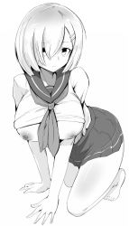 Rule 34 | 10s, 1girl, all fours, arm support, barefoot, breasts, clothes lift, eyes visible through hair, full body, greyscale, hair ornament, hair over one eye, hairclip, hamakaze (kancolle), inverted nipples, kantai collection, large breasts, leaning forward, maruno ki, monochrome, nipples, pleated skirt, puffy nipples, sailor collar, school uniform, serafuku, shirt lift, short hair, skirt, solo