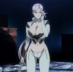 Rule 34 | 1girl, breasts, cleavage, dress, female focus, highres, huge breasts, large breasts, long hair, mature female, pink hair, sagiri yuuko, screencap, solo, stitched, sword, third-party edit, triage x, very long hair, weapon, white dress, yellow eyes