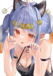 Rule 34 | 1girl, @ @, animal ear fluff, animal ears, bare shoulders, black choker, black tank top, blue hair, blue nails, blush, braid, breasts, choker, cleavage, coin, coin on string, collarbone, commentary request, hands up, highres, hololive, hypnosis, long hair, looking at viewer, medium breasts, mind control, multicolored hair, open mouth, short eyebrows, solo, sweat, tank top, tefu ekaki, thick eyebrows, twin braids, twintails, two-tone hair, usada pekora, virtual youtuber, white hair