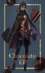 Rule 34 | 1girl, amino (tn7135), arrow (projectile), black gloves, black hair, black legwear, bow, bow (weapon), breasts, cake, chocolate, chocolate cake, cloak, cupcake, dark elf, earrings, elf, english text, food, full body, gloves, hair between eyes, highres, holding, holding bow (weapon), holding weapon, hood, hooded cloak, jewelry, looking at viewer, mole, mole under mouth, muffin, original, pointy ears, sideboob, solo, weapon, yellow eyes
