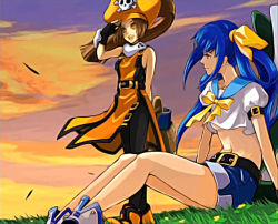 Rule 34 | 2girls, arc system works, blue hair, brown eyes, brown hair, dizzy (guilty gear), dress, guilty gear, guilty gear x, guilty gear xx, guilty gear xx accent core, hat, may (guilty gear), midriff, multiple girls, navel, official art, pirate, pirate hat, red eyes, sailor dress, shorts