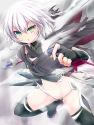 Rule 34 | &gt;:o, 1girl, :o, bandaged arm, bandages, black gloves, black panties, black thighhighs, boots, cloak, dagger, dual wielding, fate/apocrypha, fate (series), fingerless gloves, gloves, green eyes, hair between eyes, highres, holding, holding weapon, jack the ripper (fate/apocrypha), knife, looking at viewer, nanaume (shichimi tougarashi), navel, panties, scar, scar across eye, scar on face, short hair, silver hair, single glove, solo, stomach, thigh boots, thighhighs, underwear, v-shaped eyebrows, weapon