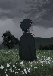 Rule 34 | 1boy, aged down, black hair, closed eyes, cloud, commentary, dark clouds, english commentary, from behind, grass, highres, jojo no kimyou na bouken, jonathan joestar, long sleeves, male focus, overcast, short hair, sky, solo, tall grass, tree, usolging