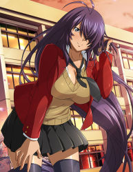 Rule 34 | 1girl, alternate costume, antenna hair, black necktie, black skirt, black thighhighs, breasts, brown sweater, cleavage, closed mouth, collarbone, collared shirt, cowboy shot, dusk, floating hair, grey eyes, hair over one eye, holding, holding own hair, ikkitousen, jacket, kan&#039;u unchou, large breasts, leaning forward, long hair, long sleeves, looking at viewer, miniskirt, necktie, open clothes, open jacket, outdoors, pleated skirt, purple hair, red jacket, shiny clothes, shiny legwear, shirt, skirt, smile, solo, standing, sweater, thighhighs, very long hair, white shirt, wing collar, zettai ryouiki