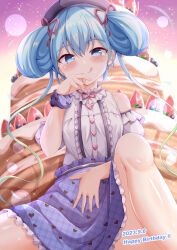 Rule 34 | 1girl, :q, bare shoulders, beret, black hat, blue eyes, blue hair, blue scrunchie, blue skirt, blush, cake, center frills, closed mouth, commentary request, dated, detached sleeves, double bun, food, frilled skirt, frills, fruit, gradient hair, green hair, hair between eyes, hair bun, hair ribbon, happy birthday, hat, heart, heart print, highres, long hair, looking at viewer, multicolored hair, ongeki, print skirt, puffy short sleeves, puffy sleeves, red ribbon, ribbon, scrunchie, shirt, short sleeves, skirt, smile, solo, strawberry, suzushima arisu, tongue, tongue out, very long hair, white shirt, white sleeves, wrist scrunchie, xenon (for achieve)