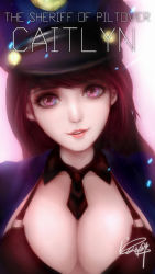 Rule 34 | 1girl, black bra, black necktie, bra, breasts, brown hair, buckle, caitlyn (league of legends), character name, cleavage, detached collar, hat, head tilt, large breasts, league of legends, lipstick, long hair, looking at viewer, makeup, necktie, officer caitlyn, parted lips, purple eyes, short necktie, signature, solo, underwear, upper body, zhai xiao fei