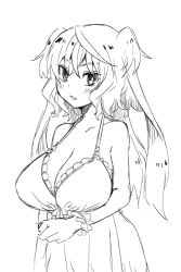Rule 34 | 1girl, bare shoulders, blush, breasts, cleavage, dress, elsie-san (oshiruko), greyscale, halterneck, huge breasts, large breasts, looking at viewer, monochrome, original, oshiruko (tsume), parted lips, short hair with long locks, sketch, solo, sundress, tsurime, two side up, wrist cuffs