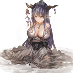 Rule 34 | 10s, 1girl, aos, bandages, bandaged arm, bandages, black hair, breasts, cleavage, collarbone, danua, draph, dress, female focus, granblue fantasy, horn ornament, horns, jewelry, large breasts, long hair, necklace, parted lips, pointy ears, red eyes, sitting, solo, wariza, white dress