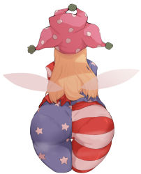 Rule 34 | 1girl, absurdres, american flag dress, american flag legwear, ass, bad id, bad pixiv id, blonde hair, clownpiece, cropped legs, fairy wings, from behind, hat, highres, jester cap, long hair, pantyhose, pantylines, polka dot, simple background, solo, soya6479, star (symbol), star print, striped, thigh gap, touhou, white background, wings