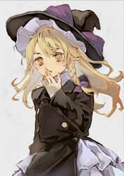 Rule 34 | 1girl, black dress, bow, braid, buttons, checkered background, dress, frilled skirt, frills, grey background, grey skirt, hair bow, hand up, hat, hat bow, highres, kirisame marisa, long hair, long sleeves, looking at viewer, no pupils, parted lips, purple bow, single braid, sketch, skirt, solo, tarutsu, touhou, unfinished, upper body, witch hat, yellow eyes