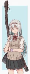 Rule 34 | 1girl, absurdres, alternate costume, aqua background, bag, black skirt, border, bow (weapon), brown eyes, commentary request, cowboy shot, drinking straw, highres, kantai collection, kazakura (kazakura js), long hair, looking at viewer, pleated skirt, school bag, school uniform, shoukaku (kancolle), silver hair, skirt, sleeves rolled up, solo, standing, sweater vest, tumbler, two-tone background, weapon, white border