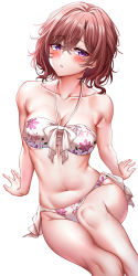 Rule 34 | 1girl, absurdres, arm support, bikini, blush, breasts, collarbone, commentary, floral print, hair between eyes, highres, higuchi madoka, idolmaster, idolmaster shiny colors, landel, looking at viewer, medium breasts, mole, mole under eye, navel, parted lips, print bikini, purple eyes, red hair, short hair, simple background, sitting, swimsuit, thighs, white background, white bikini