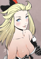 Rule 34 | 1girl, ahoge, blonde hair, blue eyes, blush, bow, bravely default: flying fairy, bravely default (series), breasts, cleavage, cleavage reach, commentary, edea lee, eyebrows, forehead, gloves, hair bow, lips, long hair, medium breasts, polarityplus, portrait, smile, solo, strapless