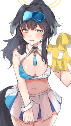 Rule 34 | 1girl, animal ears, bare shoulders, black hair, blue archive, blush, breasts, cleavage, commentary request, dog ears, dog girl, dog tail, flying sweatdrops, goggles, goggles on head, halo, hand up, hibiki (blue archive), hibiki (cheer squad) (blue archive), highres, long hair, looking at viewer, medium breasts, millennium cheerleader outfit (blue archive), navel, nyakonro (nekonro), parted lips, pleated skirt, pom pom (cheerleading), ponytail, purple eyes, simple background, skirt, solo, tail, wavy mouth, white background, white skirt