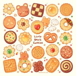 Rule 34 | animal-themed food, animal ears, animal focus, artist name, bear, bear ears, blush stickers, brown eyes, checkerboard cookie, cherry, commentary, cookie, english commentary, english text, floral background, food, food focus, fruit, heart-shaped cookie, meringue, mixed-language commentary, no humans, okashi nao, original, pretzel, solid oval eyes, star-shaped cookie, star-shaped food, star (symbol), thumbprint cookie, white background