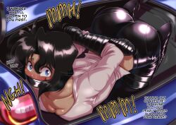 Rule 34 | 1girl, arms behind back, ass, back peek, bdsm, black footwear, black hair, black pants, blue eyes, blush, bob cut, bondage, bound, bound arms, bound leg, breasts, car, car trunk, cleavage, collarbone, commentary, constricted pupils, dark-skinned female, dark skin, english commentary, english text, eyelashes, from side, gag, gagged, gunsmith cats, hair between eyes, highres, improvised gag, in trunk, inverted bob, issa castagno, kidnapped, large breasts, looking at viewer, looking to the side, lying, motor vehicle, nose blush, on stomach, paid reward available, pants, pantylines, pink shirt, raised eyebrows, rally vincent, restrained, scared, shaking head, shiny clothes, shirt, shoes, sidelocks, solo, steam, steaming body, sweat, tape, tape gag, taped arms, taped fingers, threat, very sweaty, wavy hair