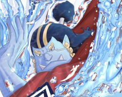 Rule 34 | 1boy, blue skin, cape, claws, close-up, colored skin, commentary request, fish boy, half updo, jinbe (one piece), male focus, one piece, red cape, scar, scar on face, solo, suzu (suzuran piece), water