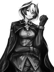 Rule 34 | 1girl, buttons, chain, clenched hand, cloak, closed mouth, collared cloak, empty eyes, expressionless, gloves, greyscale, hair between eyes, hand on own hip, hand up, highres, looking at viewer, made in abyss, monochrome, multicolored hair, ozen, pants, parted lips, short hair, sidelocks, simple background, solo, tsukihi shida, two-tone hair, whistle