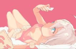 Rule 34 | 1girl, bad id, bad pixiv id, blue eyes, breasts, camisole, cellphone, chips (food), cleavage, food, lying, on back, original, phone, pillow, pink background, pink hair, pout, shorts, simple background, smartphone, solo, uni (melm)