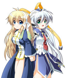 Rule 34 | 2girls, ahoge, back-to-back, blonde hair, blue dress, blue eyes, blue hair, blue headwear, bow, breasts, closed mouth, commentary request, company connection, crossover, dress, eyes visible through hair, f20 (funimaru), feet out of frame, frilled sleeves, frills, green eyes, hair between eyes, hair bow, hair ribbon, hairband, harmonia (key), holding hands, hoshino yumemi, impossible clothes, interlocked fingers, juliet sleeves, key (company), large breasts, light blue hair, long hair, long ribbon, long sleeves, looking at viewer, medium breasts, multiple girls, necktie, nun, open mouth, planetarian, puffy sleeves, red necktie, ribbon, robot ears, shiona (harmonia), shirt, simple background, slit pupils, smile, standing, tareme, trait connection, very long hair, white background, white bow, white hairband, white shirt, wide sleeves, yellow ribbon