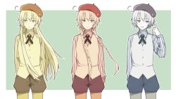 Rule 34 | 5ya ngi, adjusting hair, ahoge, arms at sides, axis powers hetalia, beret, black ribbon, blonde hair, braid, collared shirt, cowboy shot, floating hair, green background, hair down, hair over shoulder, hat, jitome, kugelmugel (hetalia), lineup, long hair, long sleeves, looking at viewer, looking away, male focus, multiple views, neck ribbon, outline, pale color, pantyhose, puffy shorts, red headwear, ribbon, shirt, short hair, shorts, sideways glance, striped clothes, striped shirt, transparent background, twin braids, twintails, variations, vest, white outline, white vest, yellow legwear