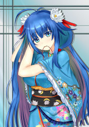Rule 34 | 1girl, absurdres, adjusting hair, ahoge, bad id, bad pixiv id, blue eyes, blue hair, blue kimono, blue sky, breasts, commentary, ebiko yaki, floral print, flower, frilled sleeves, frills, hair flaps, hair flower, hair ornament, hands in hair, hands up, highres, japanese clothes, kimono, large breasts, long hair, looking at viewer, lotus, mouth hold, multicolored hair, obi, purple hair, red ribbon, ribbon, ribbon in mouth, sash, shironeko project, sidelocks, sky, solo, towa (shironeko project), two-tone hair, tying hair, very long hair, wide sleeves