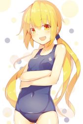 Rule 34 | 10s, 1girl, :d, blonde hair, blush, collarbone, crossed arms, kantai collection, long hair, looking at viewer, meth (emethmeth), one-piece swimsuit, open mouth, satsuki (kancolle), school swimsuit, simple background, smile, solo, swimsuit, teeth, twintails, yellow eyes