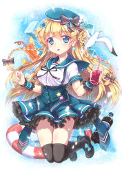 Rule 34 | 1girl, absurdres, bird, black thighhighs, blonde hair, blue hair, bottle, bow, braid, can, drink, drink can, drinking straw, earrings, food, fruit, hair bow, hair ornament, hair ribbon, hat, highres, holding, ice, ice cube, innertube, jewelry, juice, long hair, looking at viewer, north abyssor, open mouth, orange (fruit), orange slice, original, ribbon, school uniform, seagull, serafuku, soda bottle, soda can, solo, star (symbol), star earrings, star hair ornament, swim ring, thighhighs, wrist cuffs, zettai ryouiki