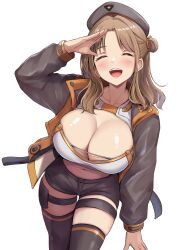 Rule 34 | 1girl, ^ ^, alternate costume, anis (nikke), anis (nikke) (cosplay), black jacket, black shorts, black thighhighs, blush, breasts, cleavage, closed eyes, collarbone, cosplay, facing viewer, goddess of victory: nikke, highres, ichikawa hinana, idolmaster, idolmaster shiny colors, jacket, large breasts, light brown hair, long sleeves, midriff, navel, open clothes, open jacket, salute, short shorts, shorts, simple background, skindentation, smile, solo, stomach, teeth, thigh strap, thighhighs, upper teeth only, warubo, white background
