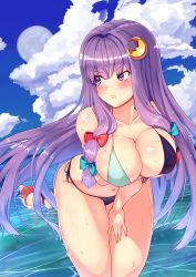 Rule 34 | 2girls, :t, absurdres, ass, bad id, bad pixiv id, bare shoulders, bikini, black bikini, blue bow, blue sky, blush, bow, breasts, cloud, collarbone, commentary request, cowboy shot, crescent, crescent hair ornament, day, demon wings, from behind, front-tie bikini top, front-tie top, green nails, hair bow, hair ornament, head bump, head wings, highres, koakuma, large breasts, leaning forward, long hair, mirukuro092, multiple girls, nail art, nail polish, navel, no headwear, outdoors, partial commentary, patchouli knowledge, purple eyes, purple hair, red bow, red hair, side-tie bikini bottom, sidelocks, sky, standing, stomach, swimsuit, thighs, touhou, v-shaped eyebrows, very long hair, water, wet, wings, yellow nails