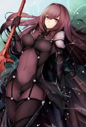 Rule 34 | 1girl, afloat, bodysuit, breasts, covered navel, fate/grand order, fate (series), gae bolg (fate), hair between eyes, highres, holding, holding weapon, legs together, long hair, looking at viewer, partially submerged, polearm, purple bodysuit, purple hair, red eyes, resolution mismatch, scathach (fate), snm (sunimi), solo, source smaller, water, weapon