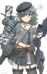 Rule 34 | 1girl, ?, alternate costume, arm warmers, bag, black choker, black nails, black skirt, blue eyes, cellphone, choker, cross, cross necklace, eyepatch, garter straps, green hair, hair between eyes, hair ornament, hairclip, hat, highres, holding, holding phone, jewelry, kantai collection, kiso (kancolle), looking at viewer, nail polish, narukan, navel, necklace, phone, pleated skirt, rigging, ring, short sleeves, simple background, skirt, smartphone, solo, spoken question mark, striped arm warmers, sweat, thighhighs, torpedo tubes, twirling hair, white background
