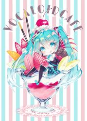 Rule 34 | 1055, 1girl, :q, apple, apple slice, aqua eyes, aqua hair, banana, banana slice, black thighhighs, boots, cherry, chibi, commentary request, copyright name, detached sleeves, doily, food, fruit, hair between eyes, hatsune miku, head tilt, headset, highres, ice cream, in food, long hair, long sleeves, macaron, melon, necktie, orange (fruit), parfait, pink pupils, pocky, ringed eyes, shirt, sitting, skirt, smile, solo, strawberry, striped, striped background, thigh boots, thighhighs, tongue, tongue out, twintails, vertical stripes, very long hair, vocaloid, white shirt