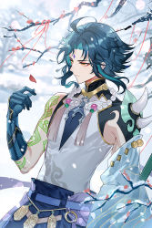 Rule 34 | 1boy, ahoge, arm tattoo, armor, asymmetrical clothes, bead necklace, beads, branch, bud, closed mouth, day, facial mark, forehead mark, genshin impact, gloves, green gloves, green hair, jewelry, male focus, multicolored hair, necklace, outdoors, petals, qing, shoulder armor, sleeveless, snow, solo, spikes, tassel, tattoo, xiao (genshin impact), yellow eyes